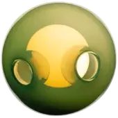 Bocci 28 pendant light, opaque green glass sphere with three layered golden orbs, each featuring a central circular aperture.